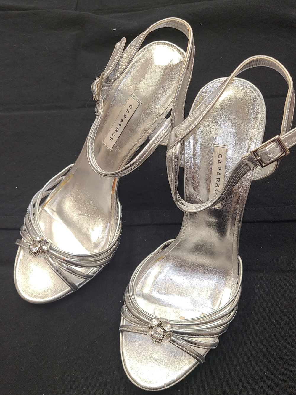 Caparros Silver Slingback Heeled Sandals with Crystal Accent